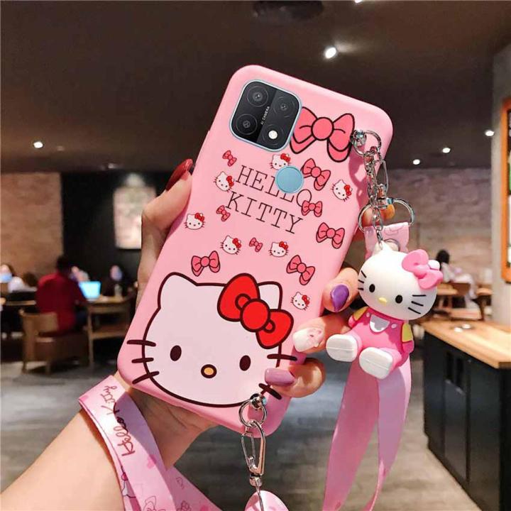 Cartoon Cute Hello Kitty Pink Case For OPPO A15s A15 A54 A9  A5  A7 A5s A12 A3s A12e A1K A53  A32 A33  A92 A52 A31 A37 A93 A39 A57 Reno4 F Reno4  Lite Realme C2 with Doll Holder Stand Crossbody Bag Silicone Soft Cover Casing