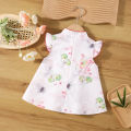 (0-3 Years Old Baby Girls) New Summer Baby Girls Dress Small Flying Sleeve Cheongsam Chinese Style Hand-Painted Wind Animal Sweet Princess Dress. 
