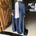 ZANZEA Muslimah Women Muslim V Neck Belt Long Sleeve Plain Satin Party Maxi Dress.