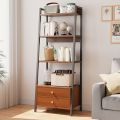 60 Inch Open Back Ladder Bookshelf – Self-Standing Steel Frame with 2 Drawers and 4 Shelves.
