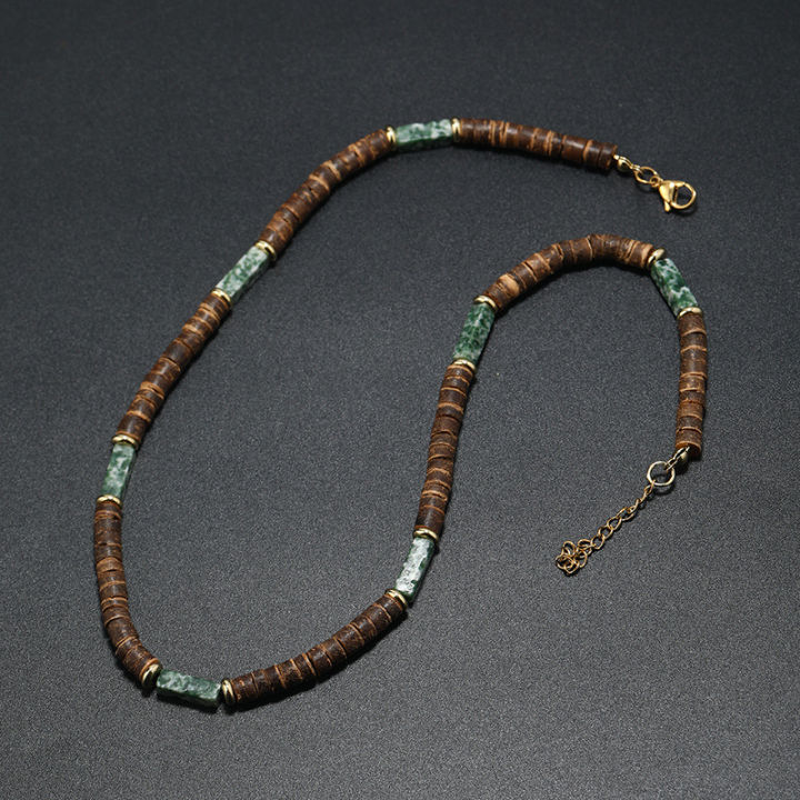 Boho%20Vintage%20Jewelry%20Summer%20Wood%20bead%20Beaded%20Necklace%20Men%20Handmade%20Natural%20stone%20Necklace%20-%20Image%204