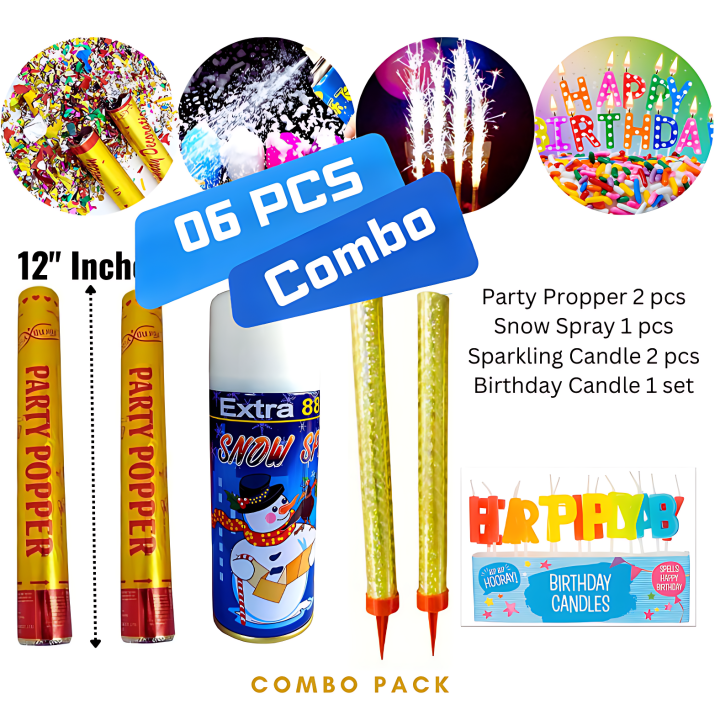 Celebration Party Kit- Party Popper, Snow Spray, Sparkling Candle, and Birthday Candle- (Pack of 6 Pcs)