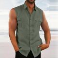 Leisure Men's Cotton Linen Tank Tops 2023 Spring Summer Casual Solid Color Buttoned Lapel Sleeveless Vest Shirt Fashion Camisole.