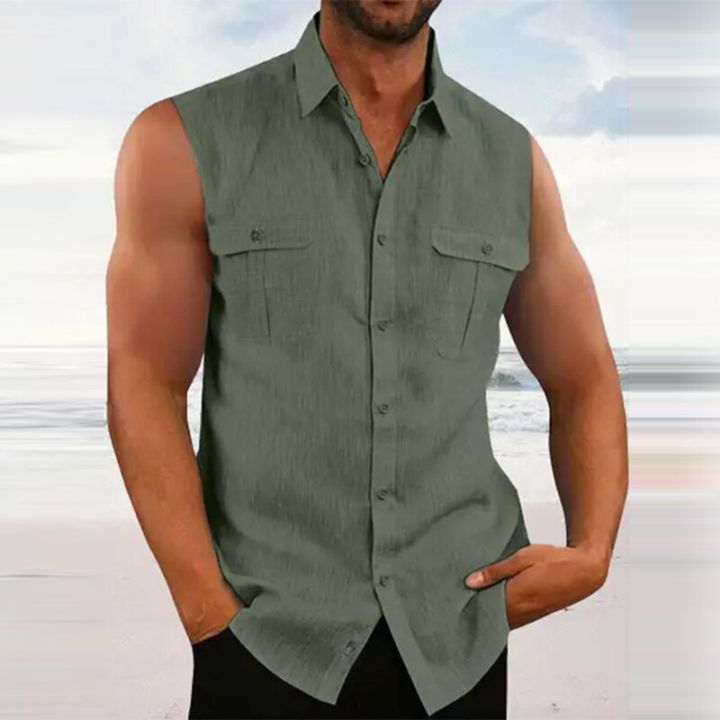 Leisure%20Men's%20Cotton%20Linen%20Tank%20Tops%202023%20Spring%20Summer%20Casual%20Solid%20Color%20Buttoned%20Lapel%20Sleeveless%20Vest%20Shirt%20Fashion%20Camisole%20-%20Image%205