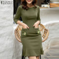Korean Style Women's Dress Elegant 3/4 Sleeve Knitted Sundress Floral Embroidery Midi Dresses #11. 
