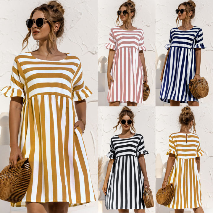 Women%20New%20Fashion%20Summer%20Beach%20Dress%20Maternity%20Clothes%20Loose%20Striped%20Ruffles%20Sleeves%20Dresses%20Pregnancy%20Party%20Mini%20Dress%20Sundress%20-%20Image%202