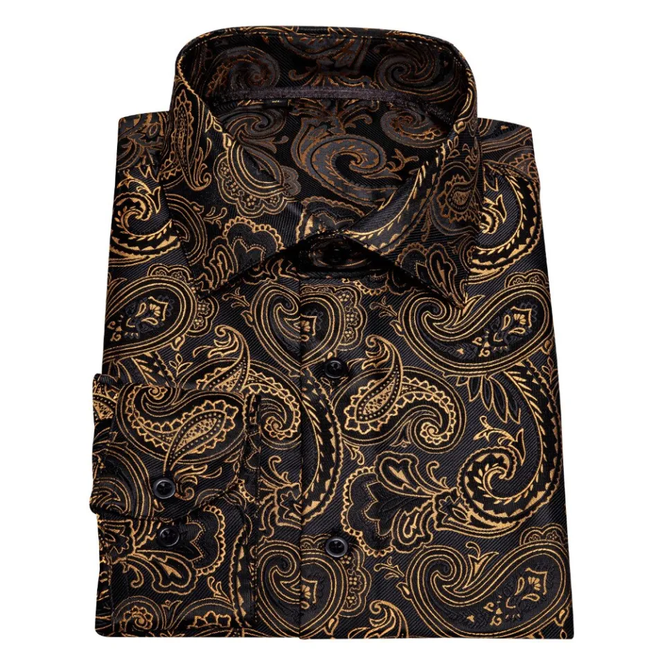 Gold Paisley Silk Men Shirts Long Sleeve Casual Flower Shirts For