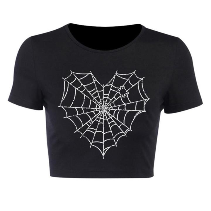 Summer American clothing Cute Women grunge T-shirt Ulzzang y2k Slim O-neck short tees dark spider web print Streetwear Corp tops