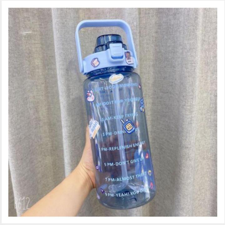 Ready Stock 2000ml Water Bottle Tumbler with straw & reminder time High capacity 2 Liter 2L Gym Outdoor Sport kettle