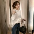 2022Spring and Autumn New Korean Style Loose off-Shoulder Letter Pullover Sweatshirt Women's Sneaky Design White Versatile Student Top.