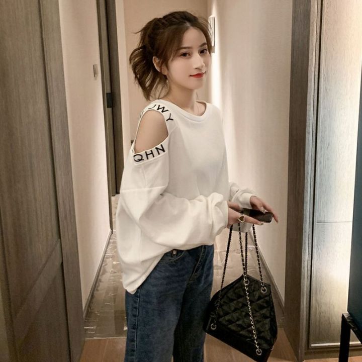2022Spring%20and%20Autumn%20New%20Korean%20Style%20Loose%20off-Shoulder%20Letter%20Pullover%20Sweatshirt%20Women's%20Sneaky%20Design%20White%20Versatile%20Student%20Top%20-%20Image%204