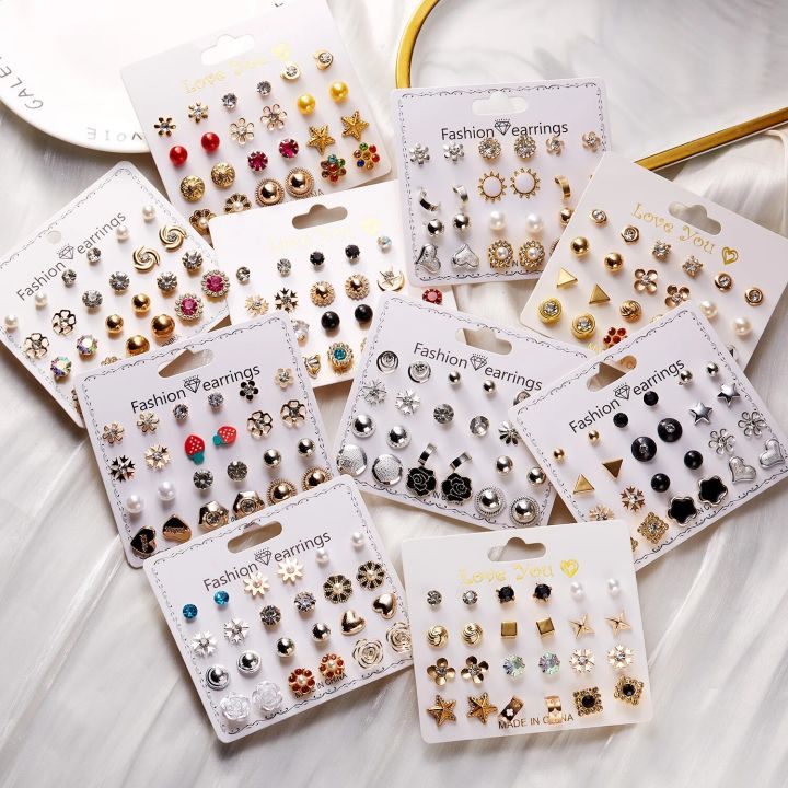 12 Pairs/set Crystal Rhinestone Flower Stud Earring For Women Heart Stars Snowflakes Combination Earrings Jewelry Accessories