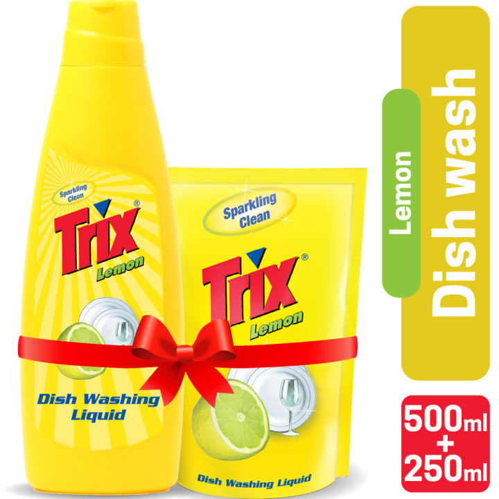 Trix Dishwashing Liquid 750ml (Bottle & Refill Combo) Lemon Fragrance for Scratch-Free Sparkling Clean Dishes, removes grease stains