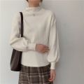Jielur Lantern Sleeve Sweater Women Turtleneck Office Lady Pure Color Knitted Pullover Loose White Khaki Sweaters for Women. 