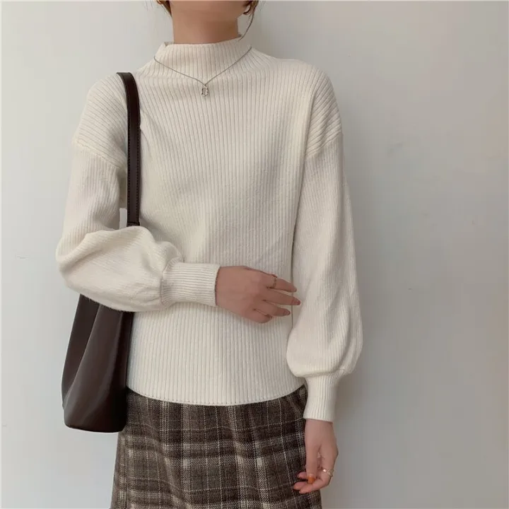 Jielur%20Lantern%20Sleeve%20Sweater%20Women%20Turtleneck%20Office%20Lady%20Pure%20Color%20Knitted%20Pullover%20Loose%20White%20Khaki%20Sweaters%20for%20Women%20-%20Image%202
