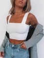 Square Neck Sleeveless Summer Crop Top White Women Black Casual Basic T Shirt Off Shoulder Cami Backless Tank Top. 