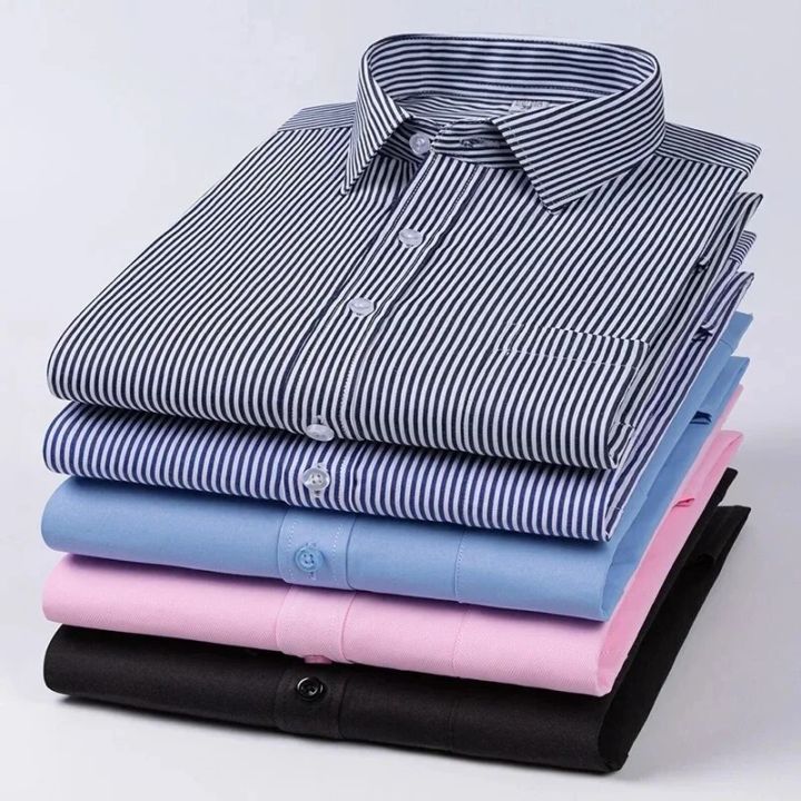 New Men's Classic Long Sleeve striped Basic Dress Shirts Single Patch Pocket Formal Business Standard-fit Office Social Shirt