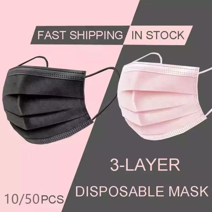 In Stock 10/50 Pcs Disposable Non-woven 3-layer Face Mask Anti Dust Breathable Mask Elastic Earband Adult Black Protective Masks