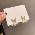 New Elegant Crystal Butterfly Back Hanging Pearl Earrings Korean Fashion Jewelry for Woman Girls Accessories.