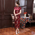 Women Short Sleeve Chinese Cheongsam Banquet Midi Dress.