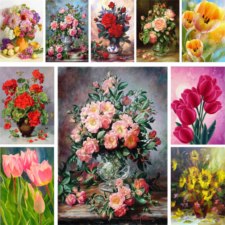 Flowers Rose Tuilp Printed Canvas Cross-Stitch DIY Embroidery Kit DMC Threads Hobby Craft Painting Knitting Mulina Sales Needle SnowWhite