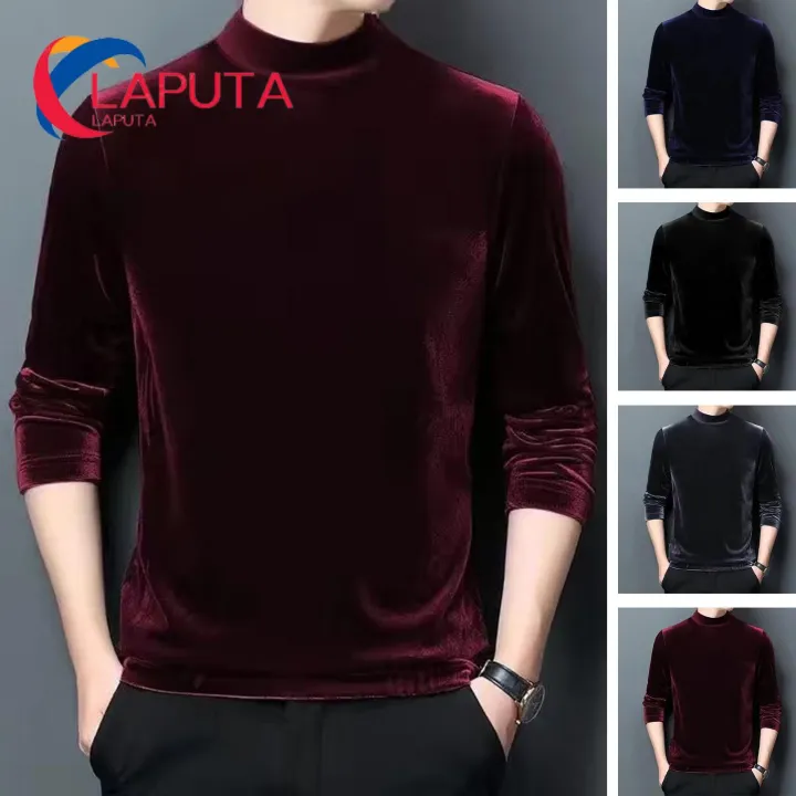 Men Solid Color Top Stylish Men's Velvet Slim Fit T-shirt Warm Soft Half-high Collar Perfect for Fall Spring Southeast Asian Buyers' Favorite Men Velvet Top