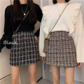 Vintage Plaid Tweed Skirts Thicken Women 2022 Winter Elegant Single-Breasted Short Mini Skirt High Waist Female A-line Skirt. 