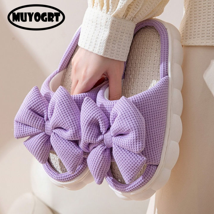 Thick Sole Cartoon Linen Slippers Female Cute Bow Anti-Slip Sweat Home Sandals Four Seasons Family Cotton Slipper For Girls