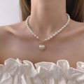 Korean Elegant Jewelry Pearl Necklace Ladies Rhinestone Shell Heart Pendant. 