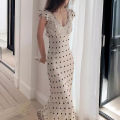 Temperament celebrity lace V-neck hollow polka dot dress women's 2024 new spring and summer waist slim long skirt. 