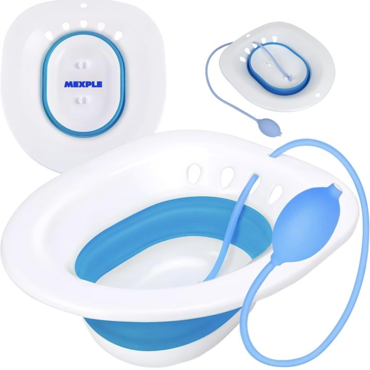Sitz Bath, Sitz Bath for Hemorrhoids, Sitz Bath for Toilet Seat, Postpartum Care, Sits Bath Kit for Women, Collapsible, Flusher Hose, Drain Holes, Wider Seating Area, Deeper Bowl