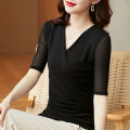 2023 Spring and Autumn New Korean Style Western Style Slim Fit Black Mesh Cross V Collar Bottoming Shirt Long-Sleeved Top T Women's T-shirt.