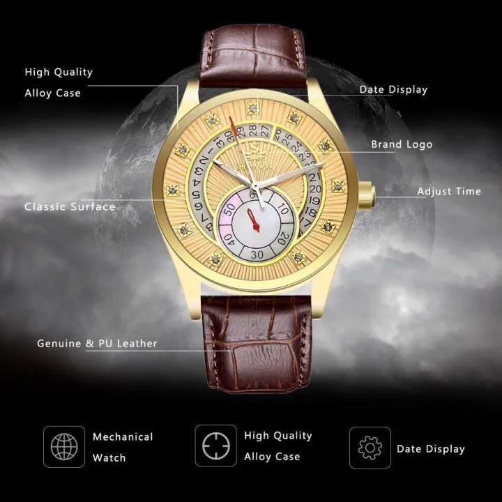 SEWOR Brand Business Watch Men Automatic Mechanical Watch Hand Wind Silver Dress Watches Business Fashion Wristwatch Black SE044 (Brown)