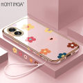 Hontinga for OPPO A38 Back Cover With Free Strap Luxury 6D Plating Falling Flower Side Pattern Case Soft Silicone Square Mobile Cover. 