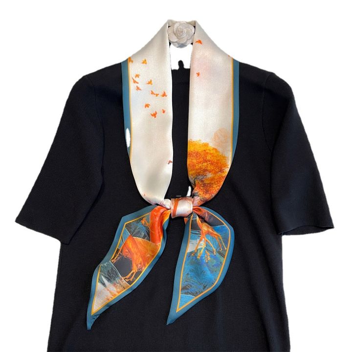 Star-like%20Silk%20Scarf%20Small%20Long%20Women's%20High-Grade%20Sense%20Spring,%20Autumn%20and%20Winter%20Dots%20and%20Stripes%20Thin%20All-Matching%20Bevel%20Beige%20Scarf%20-%20Image%205