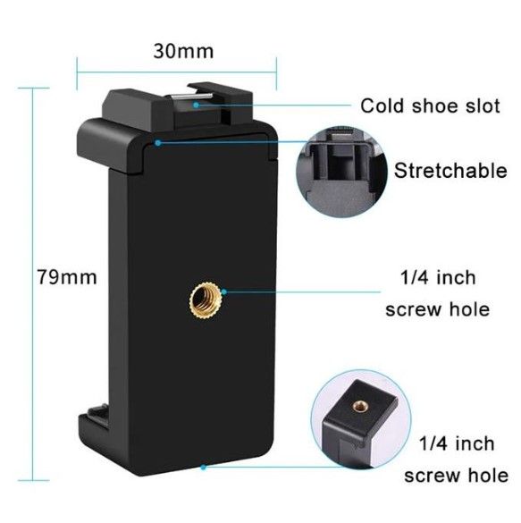 Adjustable Phone Holder Vlog Phone Clip with 1/4 Inch Screw Holes Extending for 5.6-8.3cm With Smart phone for Tripod LED Light Microphone