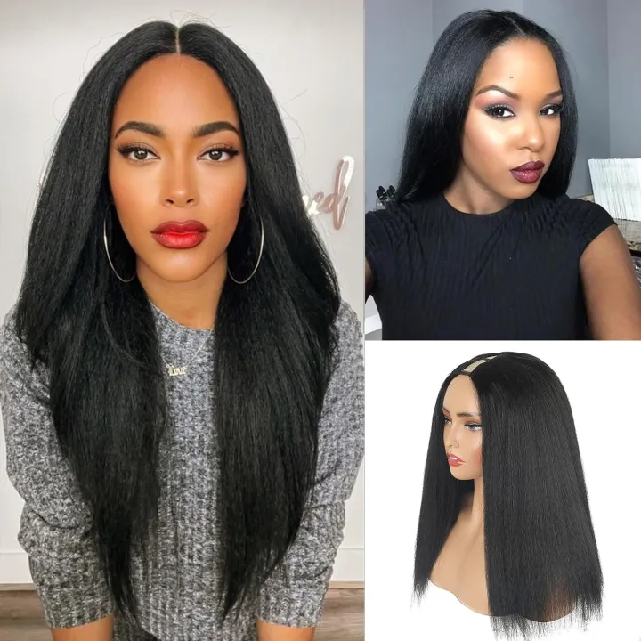 12-30inch Syntehtic Kinky Straight V Part Wig for Black Women Long U Shape Glueluss No Leave Out U Part Wigs for Daily Use(1B)