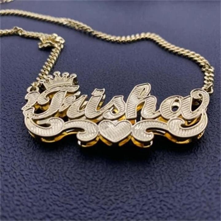 Custom Name Necklace Double Crown Heart Personalized Gold Plated
