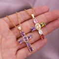 European and American Fashion Cross Pendant Necklace Women's All-Match Copper Plated Real Gold Inlaid Zircon Couple Sweater Chain Accessories.