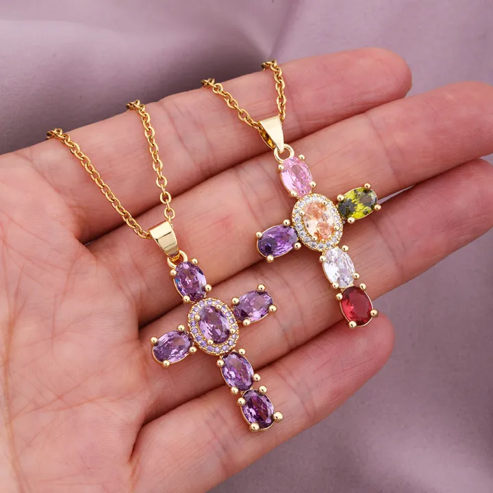 European%20and%20American%20Fashion%20Cross%20Pendant%20Necklace%20Women's%20All-Match%20Copper%20Plated%20Real%20Gold%20Inlaid%20Zircon%20Couple%20Sweater%20Chain%20Accessories%20-%20Image%203