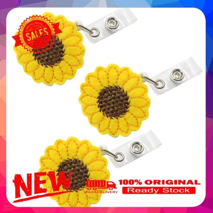 3Pcs Felt Sunflower Round Retractable Reel Clip ID Badge Label Name Card Holder