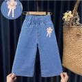 Girls' summer denim wide-leg pants for little girls 2024 new trendy cropped pants stretch foreign style children's pants.