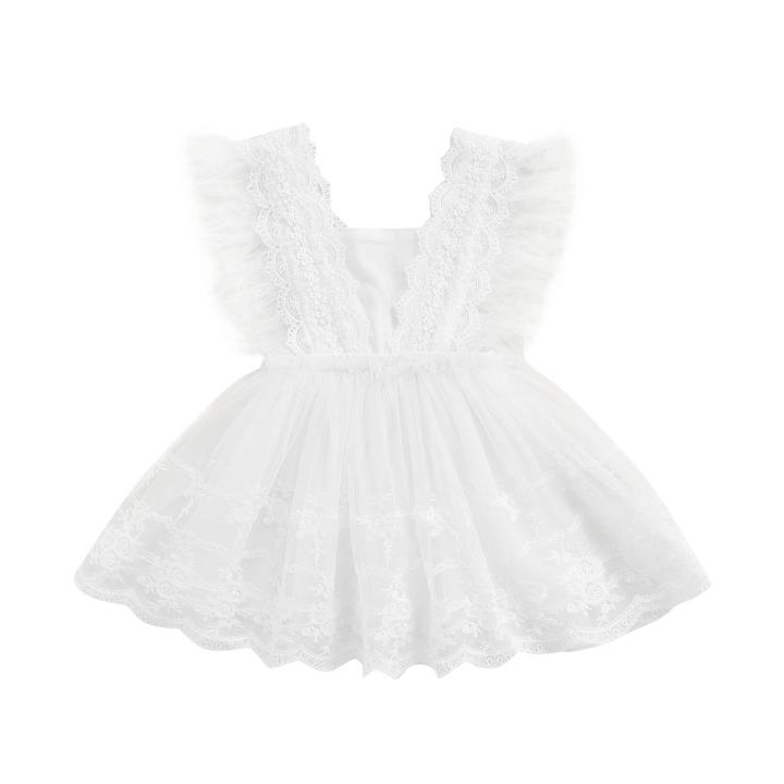 Ma&Baby Baby Girls Casual Dress, White Square Collar Sleeveless Lace Hem One-piece, 0-24 Months