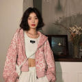 2023 Pink Leopard Print Cropped Cardigan Jacket Women's Spring and Autumn New Loose Hong Kong Style Retro Hooded Sweatshirt Tide. 