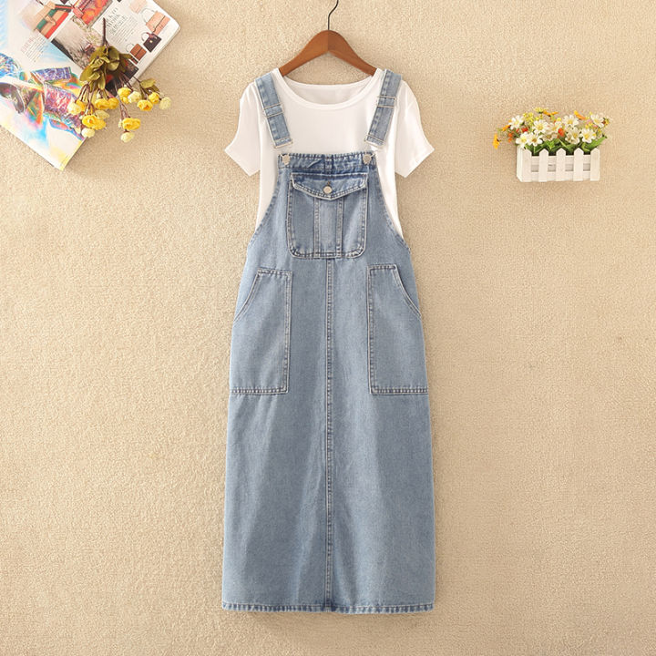 Women Denim Suspender Dress Solid Straps Loose Soft Cargo Jean Vestido Female Summer Versatile Casual Overalls Frock With Pocket