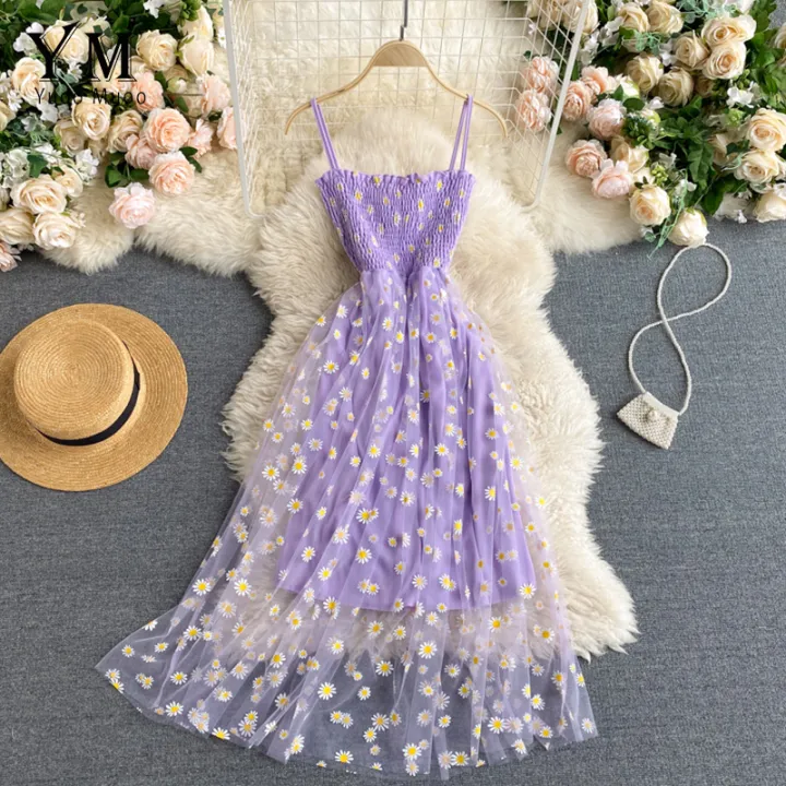 YuooMuoo%20Korean%20Fashion%20Daisy%20Flower%20Print%20Mesh%20Party%20Dress%20Summer%20Two%20Layers%20Spaghetti%20Strap%20Vacation%20Midi%20Dress%20Beach%20Vestidos%20Shapewear%20-%20Image%203