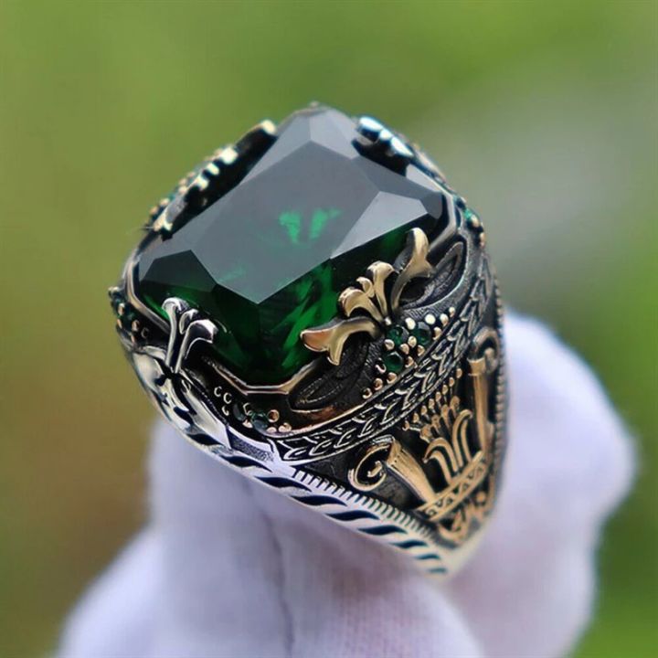 Luxury Multiple Colors Saudi Arabic Mens Fashion Stainless Steel Thai Silver Gemstone Jewelry Rings