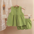 Girls Princess soft fabrics Dress Shorts two-piece set Sleeveless Casual Baby Dress Suit.