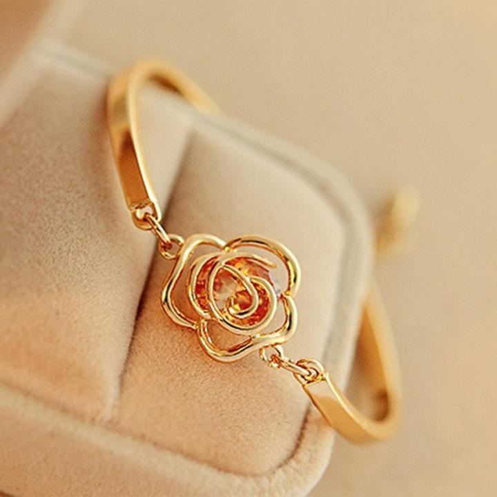 Women en Flower Crystal Rose Bangle Cuff Chain Brelet Chic Jewelry Present