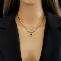 316L Stainless Steel Luxury Non-fading Square Green Crystal Zircon Pendant Necklace Earrings Jewelry Set For Women Gifts. 